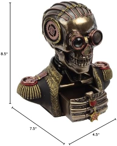 Steampunk Mechanical Skull with Gear Brain Band Uniform Bust Double Trinket Secret Stash Box Statue Sculpture