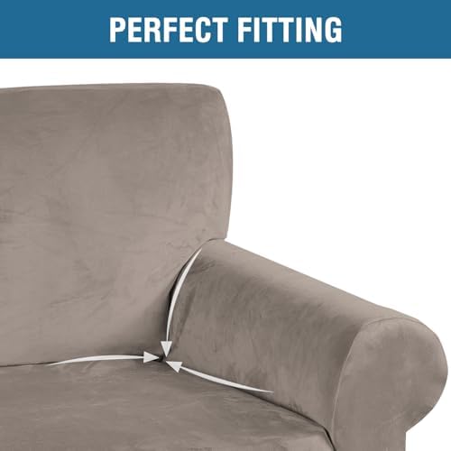 H.VERSAILTEX Stretch Velvet Armchair Cover Couch Covers 1 Cushion Chair Slipcover for Living Room Furniture Cover Crafted from Thick Comfy Rich Velour (Chair 31"-49", Taupe)