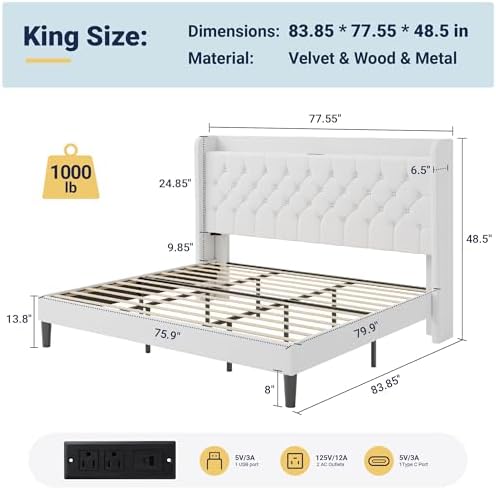 Allewie King Size Bed Frame, Storage Headboard & Charging Station, White