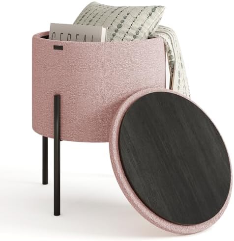 Round Ottoman with Storage, Boucle Storage Ottoman, Foot Stool Ottoman, Makeup Vanity Stool, Small Ottomans Foot Rest, Modern Ottomans for Living Room and Bedroom, Pink