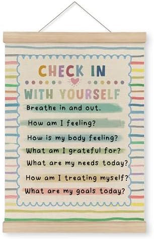 MAQIKA Mental Health Poster Framed with Wood Hanger, Boho Classroom Hanging Wall Decor, Check in with Yourself Rainbow Striped Canvas Wall Art Paints for Therapy Office Kids Room Classroom, 12x16 Inch