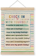 MAQIKA Mental Health Poster Framed with Wood Hanger, Boho Classroom Hanging Wall Decor, Check in with Yourself Rainbow Striped Canvas Wall Art Paints for Therapy Office Kids Room Classroom, 12x16 Inch