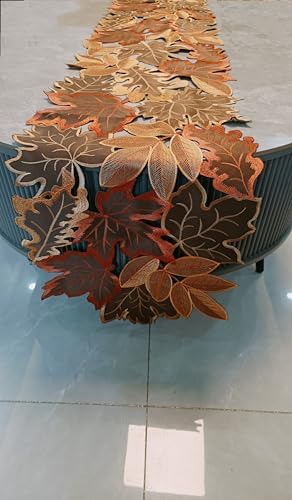 Fall Leaf Embroidered Table Runner 87 Inches for Thanksgiving and Autumn Harvest Decoration (16''x87'', Coffee Colored Maple Leaves)