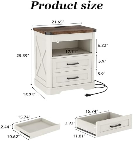 Yusong Farmhouse Night Stand with Gun Drawer & Invisible Lock, Rustic Wooden Night Stand with Charging Station, Beside Table with Drawers and Open Storage, End Tables for Bedroom, (White 004)