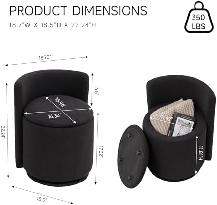 MINCETA Vanity Chair with Storage, 360° Swivel Accent Chair, Black