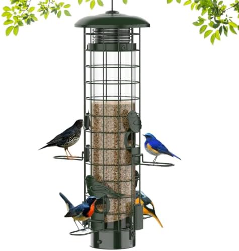 Squirrel Proof Bird Feeder,Metal Mesh Bird Feeders for Outdoors Hanging,Gravity Protection Squirrel Proof Wild Bird Feeders with Finch Cardinal Chickadee,3LB Large Capacity,Green