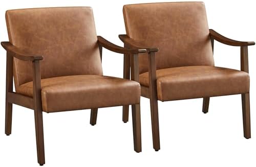 Yaheetech Accent Chairs Set of 2, Mid-Century Faux Leather Armchairs Brown