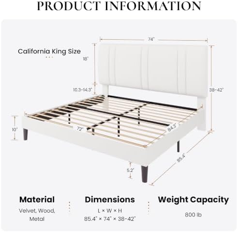 SHA CERLIN California King Size Bed Frame with Adjustable Headboard, White