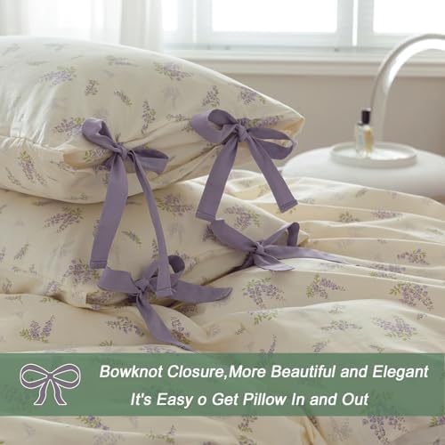 Cotton Duvet Cover Set Queen,3 Pieces Purple Floral Bedding Set,Girls Lavender Flower Duvet Cover with Zipper Closure-Queen,90x90 Inch