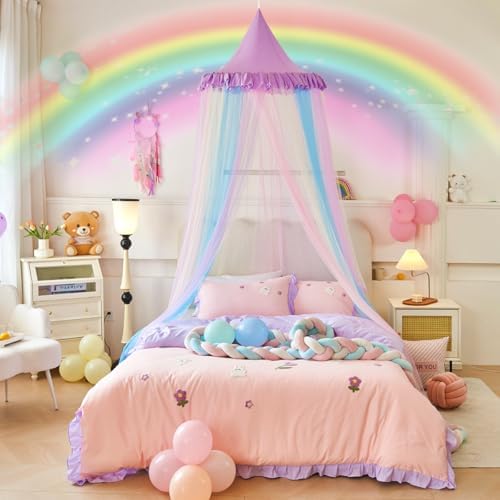 Kertnic Rainbow Bed Canopy for Girls Dreamy Mosquito Net for Bed Round Dome Princess Bed Canopy Girl Room Play Tent Canopy Bed Netting Curtains (Single Layer- Purple)