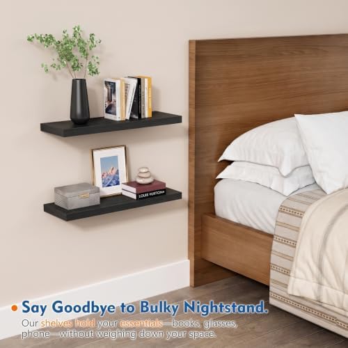 Black Floating Shelves 24 Inch, Modern Wall Hanging Book Shelf for Bedroom