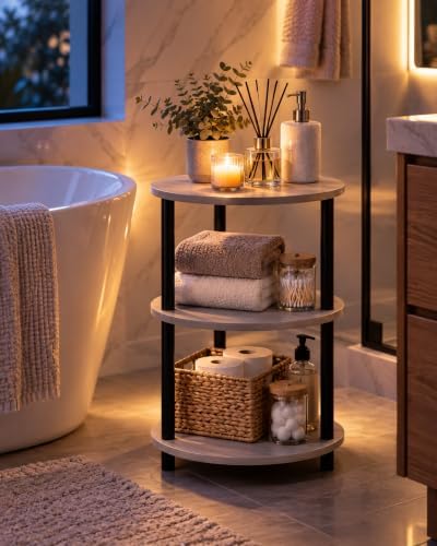 XBurmo 3-Tier Round Side Table for Bathroom, Small Bathroom Storage Table for Towels and Toiletries, Greige