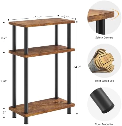 Apicizon Small Narrow Side Table, 3-Tier Skinny End Table, Brown and Black