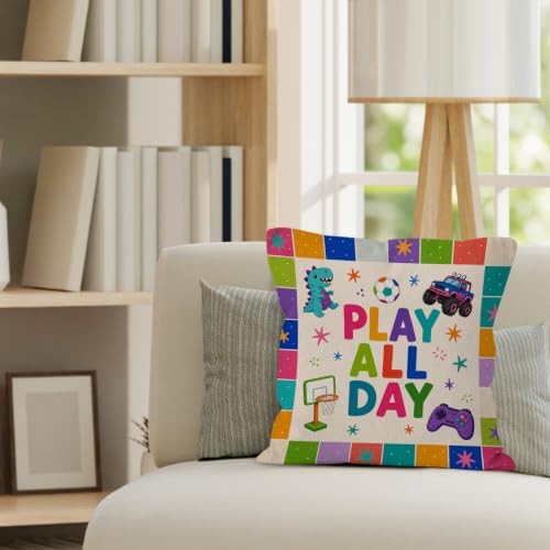 Colorful Dinosaur Truck Sports Boy Nursery Throw Pillow Cover 18x18
