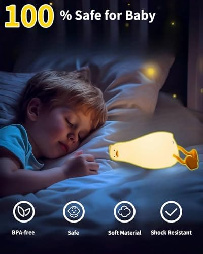 Lying Flat Duck Night Light for Kids, Cute Squishy Silicone Duck Lamp, Rechargeable Bedside Light with Tap Control, 2 Brightness Levels, 30-Min Auto-Off Timer, Room Decor Gift