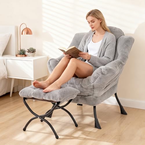 Welnow Lazy Chair with Ottoman, Reading Chair with Footrest, Grey