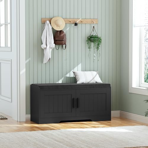 Homleke Shoe Storage Bench, 2 Doors & Thickened Padded Seat Cushion