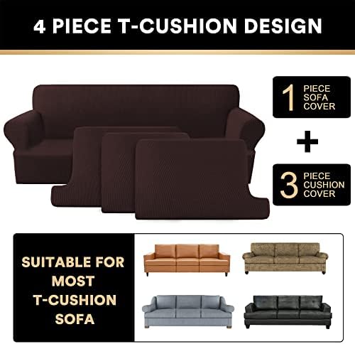 PrinceDeco T Cushion Sofa Slipcover 4 Pieces Sofa Covers for T Cushion Couch Soft Sofa Slip Covers Furniture Protector with 3 Individual T Shape Seat Covers (70"-88") Washable, Brown