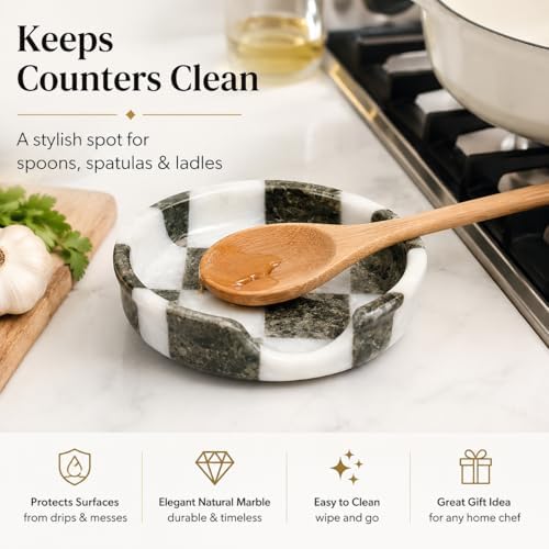 Marble Spoon Rest for Stove Top - Checkered Kitchen Utensil Holder, Coffee Bar Spoon Rest for Counter, White Grey Stone Utensil Rest for Cooking