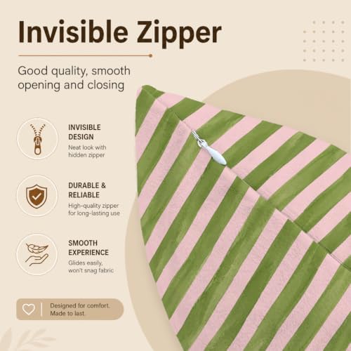 Cottagecore Pink Green Stripe Room Decor Pillow Cover 18x18,