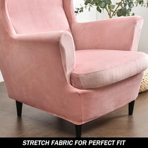 Wing Chair Slipcovers, 2 Piece Stretch Wingback Chair Cover Soft Velvet Armchair Covers with Elastic Bottom for Living Room Bedroom (Pink)