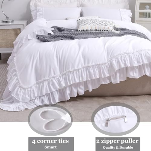 Ruffle White Duvet Cover California King Size- Washed Cotton Shabby Farmhouse Chic Ruffled Bedding 3pcs(1 Soft Cotton Duvet Cover +2 Ruffle Pillowshams) Aesthetic French Country Calking Bed