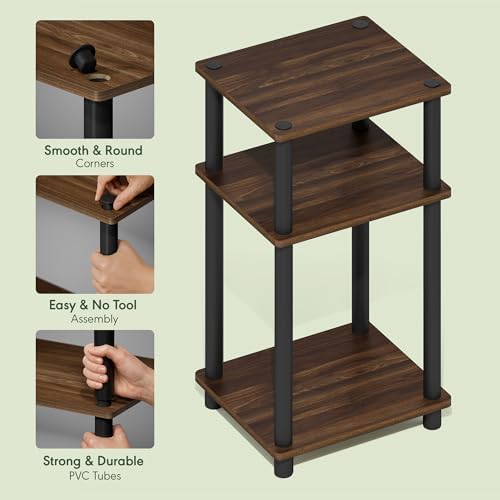 Furinno Turn-N-Tube 3-Tier Toolless Side Table, Compact, Brown Walnut