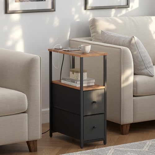 TUTOTAK Narrow End Table with Charging Station, Skinny Side Table