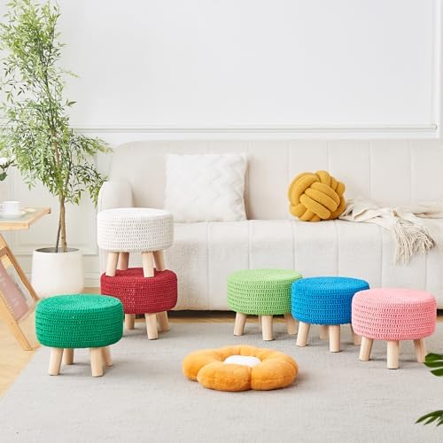 13" Round Handmade Cotton Knitted Boho Small Ottoman with Non-Skid Wood Leg