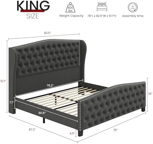 BRELTAM Upholstered King Size Bed Frame Velvet Tufted Bed Frame with Wingback Headboard & Footboard, with Deep Button Tufted & Nailhead Wooden Slats Support, No Box Spring Needed,Grey