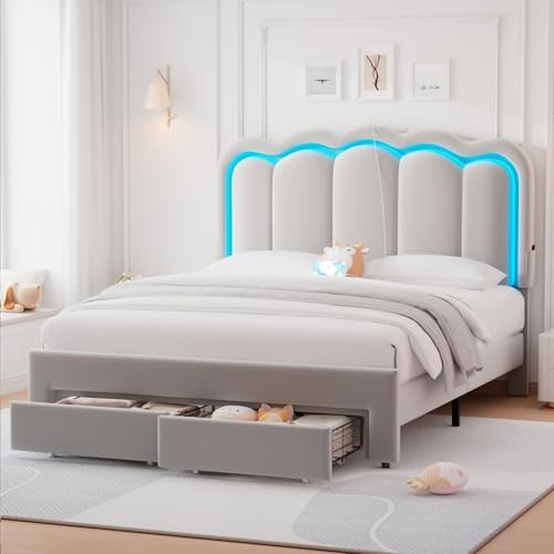 Full Upholstered LED Bed Frame with 2 Storage Drawers and Adjustable Chic Double Wavy Headboard, Velvet Prince Platform Bed with Charing Station, Solid Wood Slats Support,No Box Spring Needed,Grey