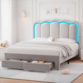 Full Upholstered LED Bed Frame with 2 Storage Drawers and Adjustable Chic Double Wavy Headboard, Velvet Prince Platform Bed with Charing Station, Solid Wood Slats Support,No Box Spring Needed,Grey