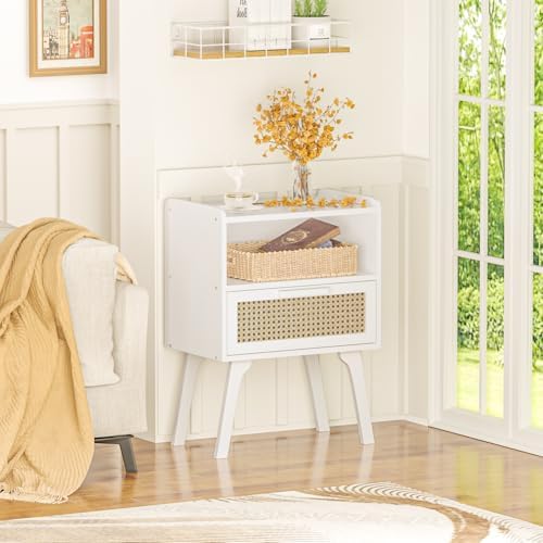 Lerliuo Rattan Nightstand, Bedside Table with Drawer Open Shelf