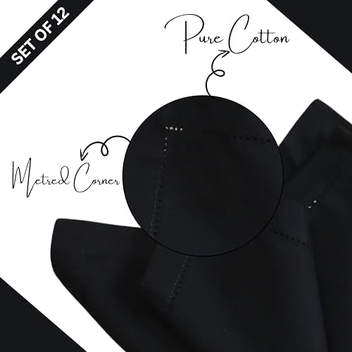 Lightnpro Hemstitched Cotton Napkins Set of 12, 18x18 Inch Black