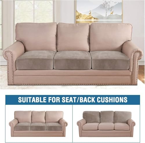 H.VERSAILTEX Velvet Stretch Couch Cushion Cover Plush Cushion Slipcover for Chair Loveseat Sofa Cushion Furniture Protector Seat Cushion Sofa Cover (3 Piece XL Sofa Cushion Covers, Taupe)