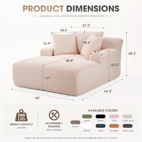 66" Chaise Lounge Chair Indoor, Corduroy Upholstered Reading Chair Oversized Boneless Chair with Deep Seat, Cloud Lounge Chair with 3 Pillows for Living Room, Bedroom, No Assembly Required