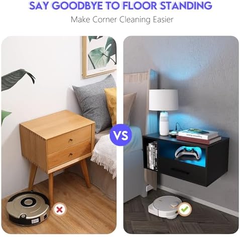 Homaterial Floating Nightstand with Charging Station & Lights, Black