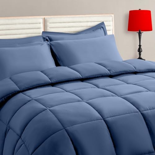 TAIMIT Slate Blue Queen Size Comforter Set - 7 Pieces, Bed in a Bag Bedding Sets with All Season Soft Quilted Warm Fluffy Reversible Comforter,Flat Sheet,Fitted Sheet,2 Pillow Shams,2 Pillowcases