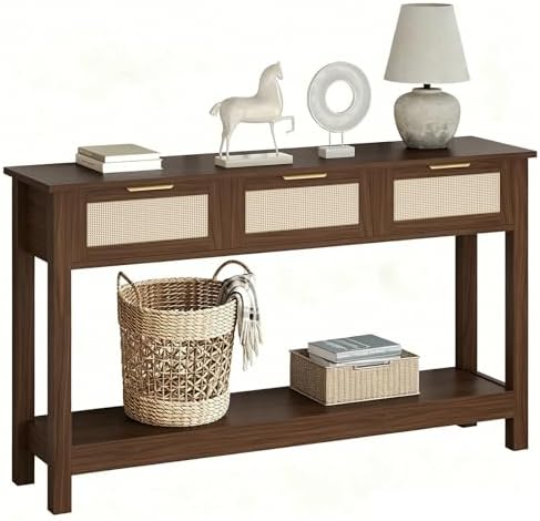 Luoxiao Console Table for Entryway with 3 Rattan Drawers Storage Open Shelf