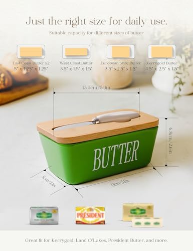 Ceramic Butter Dish with Lid and Knife & Silicone Seal for Countertop Green