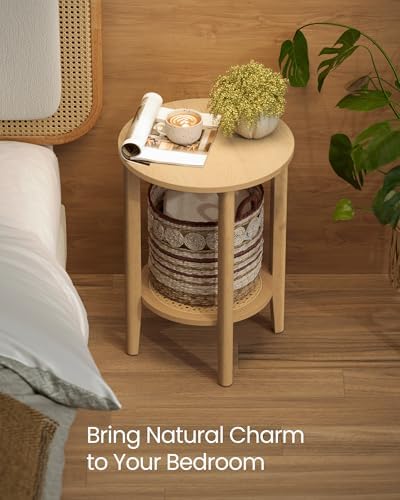 VASAGLE Round Side End Table, 2-Tier Boho Bedside Table with Rattan-Look