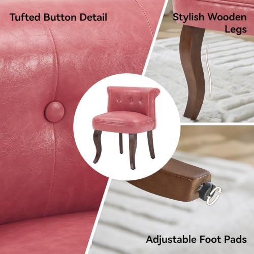 WUTUTUEE Leather Vanity Chair with Back, Tufted Upholstered Vanity Stool with Solid Wood Legs, Mid Century Small Makeup Chair for Vanity, Accent Chair for Bedroom, Living Room, Pink