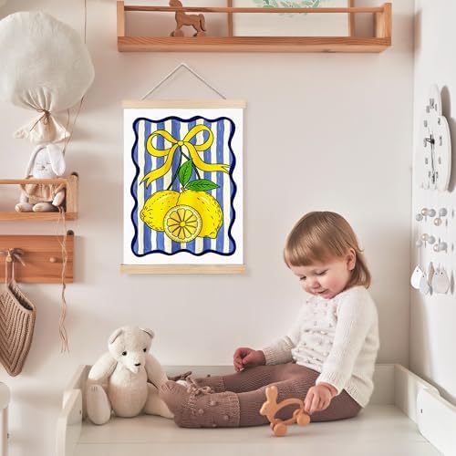 FDHSPAAM Coquette Yellow Bow Lemon Wall Art Decor, Lemon Home Decor, Blue and White Striped Fruit Wall Art Posters for Kitchen Dining Room Living Room Home, 12x16 Inch