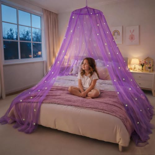 Bollepo Purple Bed Canopy for Girls with Glowing Stars - Princess Netting Room Decor, Ceiling Tent to Cover Toddler | Single, Twin, Full, Queen Size Kids Bed, Fire Retardant Fabric