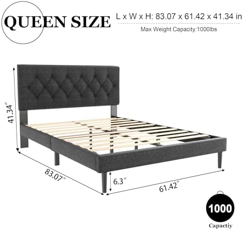 HAOARA Queen Size Platform Bed Frame with Upholstered Button Tufted Headboard, Mattress Foundation with Wooden Slat Support, Noise Free, No Box Spring Needed, Easy Assembly, Dark Grey