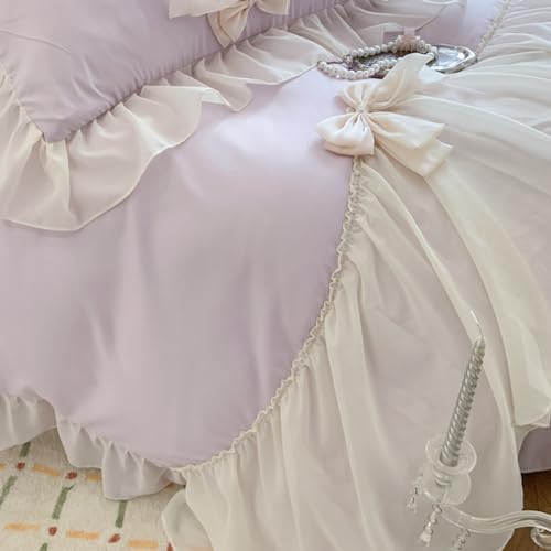 SOUKECHY Chic Lace Bedding,Girls Twin Aesthetic Comforter Cover Set,Romantic French Princess Style Ruffled Duvet Cover with Lovely Bow with Zipper Closure-Purple,Twin