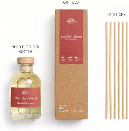 Natural Reed Diffuser Set, Warm Sandalwood 3.52 oz (100ml) Scented Diffuser with Sticks Home Fragrance Reed Diffuser for Bathroom Shelf Decor, Ideal Gift for Woman