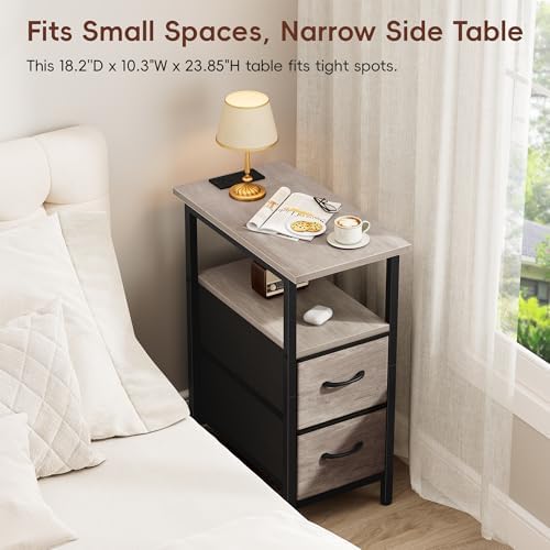 Vagusicc Set of 2 Nightstand with Charging Station and LED Lights, Narrow Side Table, LED Night Stand with 2 Fabric Drawers, Bedside Table Small End Table, Tall Nightstand for Bedroom, Rustic Grey