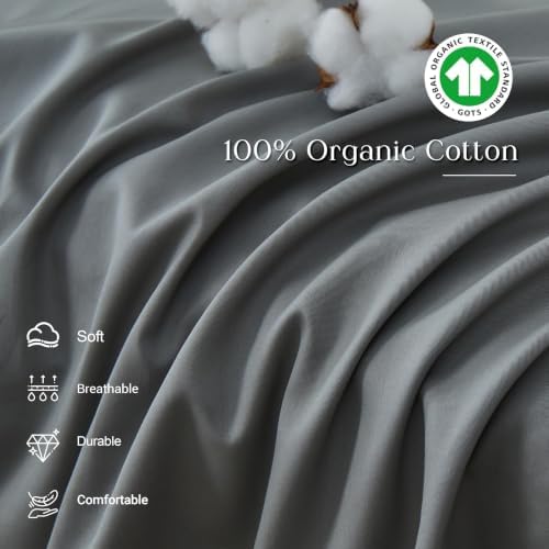 Simple&Opulence Kids 100% Organic Cotton Duvet Cover with Ruffle 78 x 86-3 PCS High End Floral Frill Lace Bedding, Romantic Cottagecore Style Comforter Cover with 2 Pillowcases, Gray Full