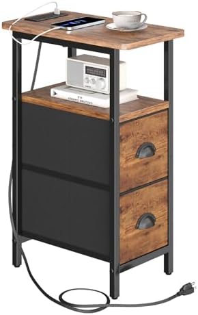 sthmec Narrow End Table with Charging Station, Narrow Side Table with 2 Fabric Drawers, Slim Nightstand, Skinny Bedside Table, Small Side Table for Small Spaces, Living Room, Bedroom, Rustic Brown
